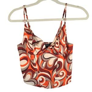 A Forever 21 Womens Y2K Retro Orange Swirl Corset Crop Top Tank Size S Satin